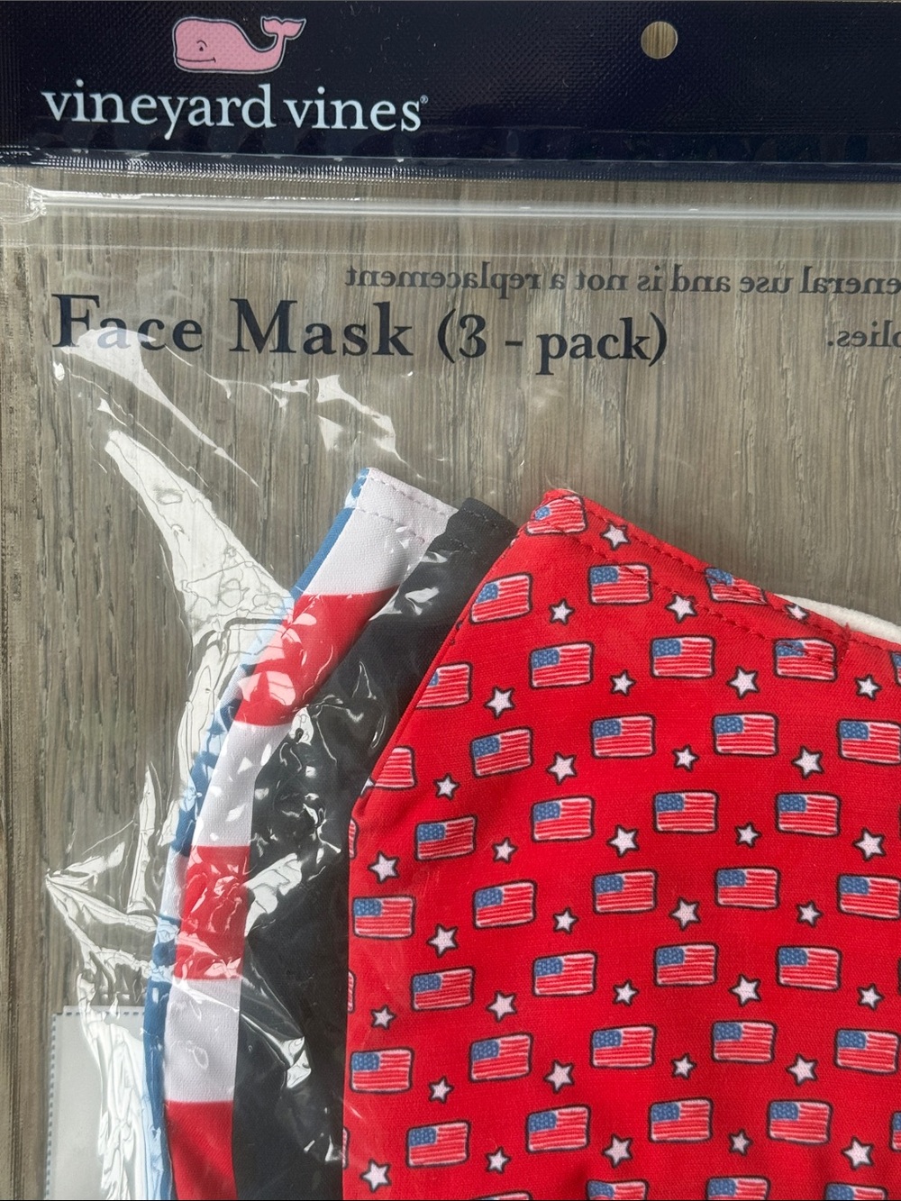 Vineyard Vines Sealed 3-Pack Lined Face Masks Flag Red, White, & Blue-Adult Size